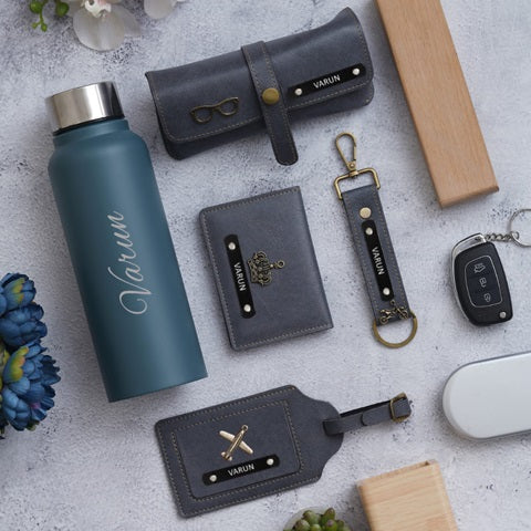 Blue bottle, keychain, wallet, glasses holder and passport holder for men 