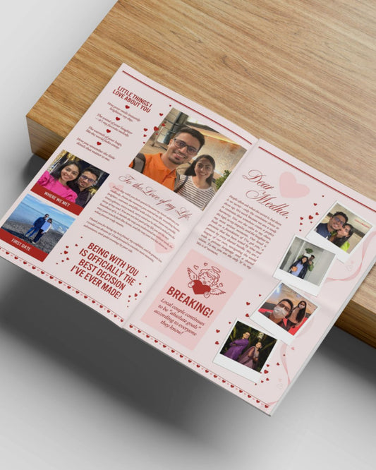 Valentine's Day newspaper with photos and text on a wooden surface