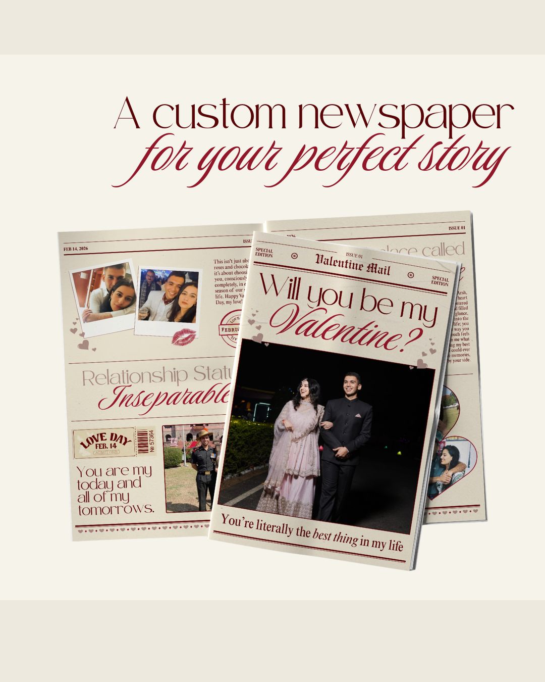 Two personalized Valentine's Day cards with romantic images and text on a light background.