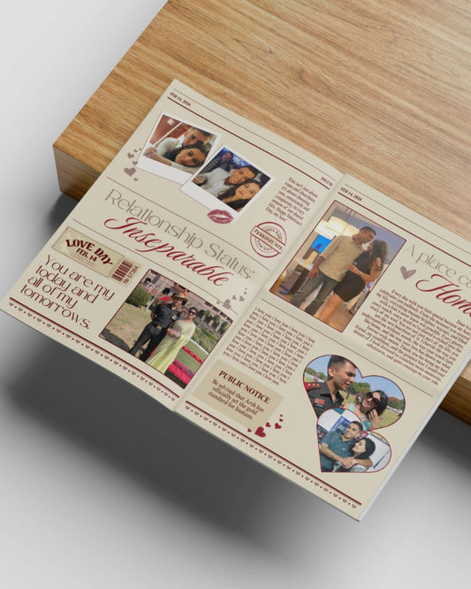 Newspaper with photos and text on a wooden surface