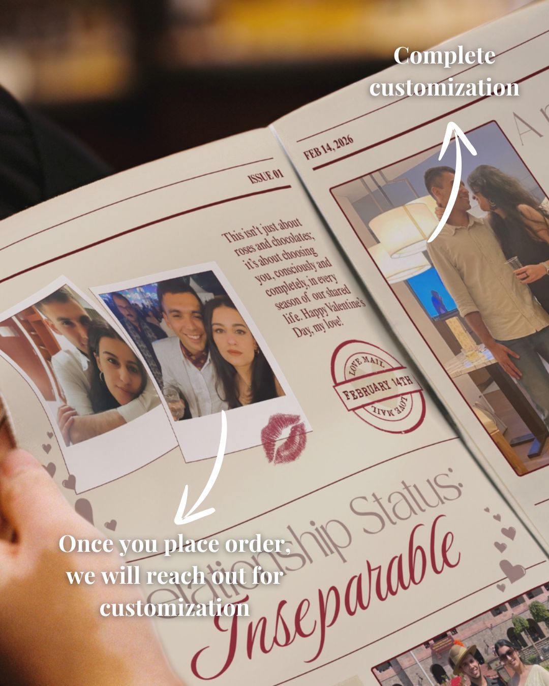 Personalized photo book with couple's photos and text on a blurred background