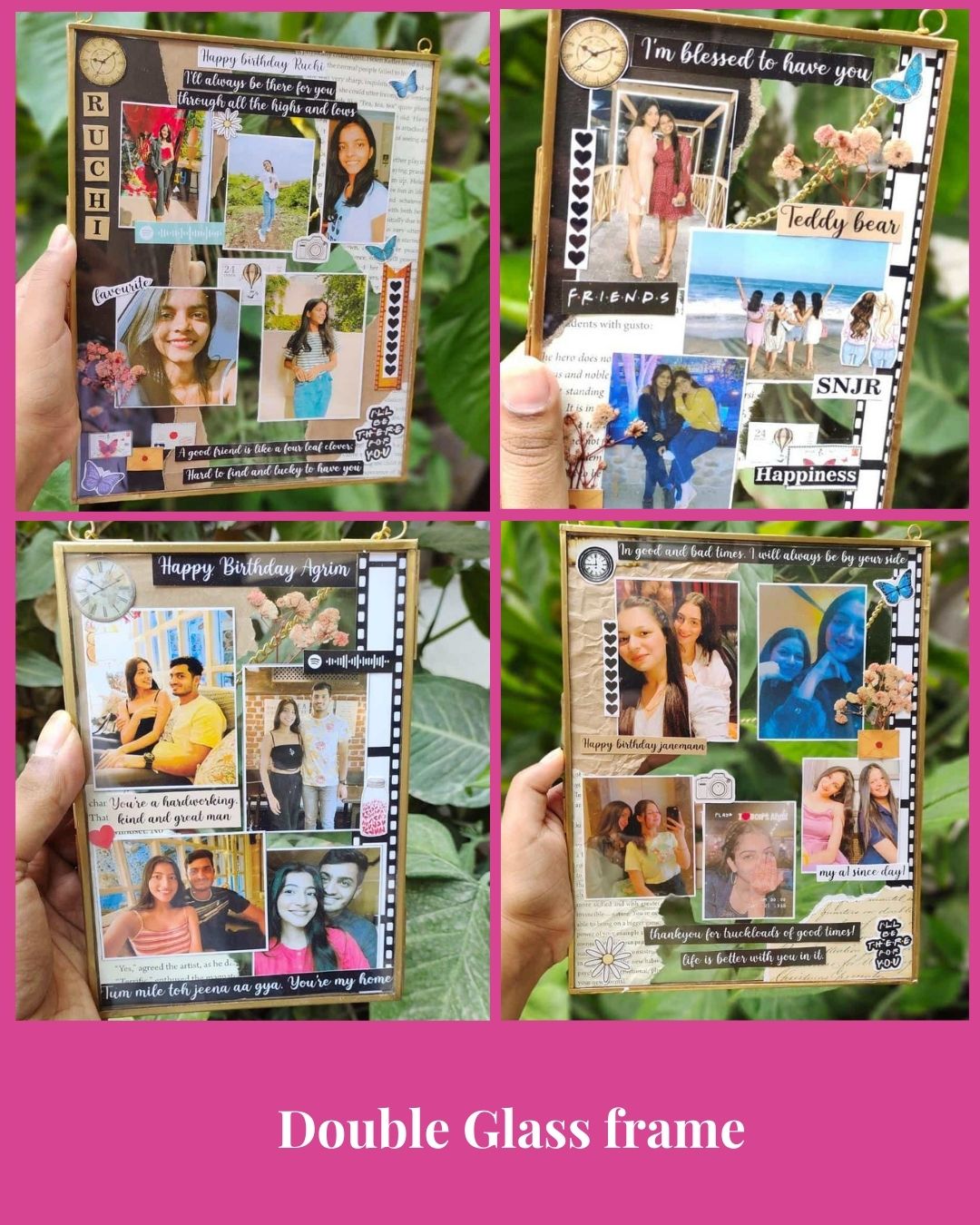 Collage of 4 pictures where a hand is holding double glass photo frame with happy people's pictures on them