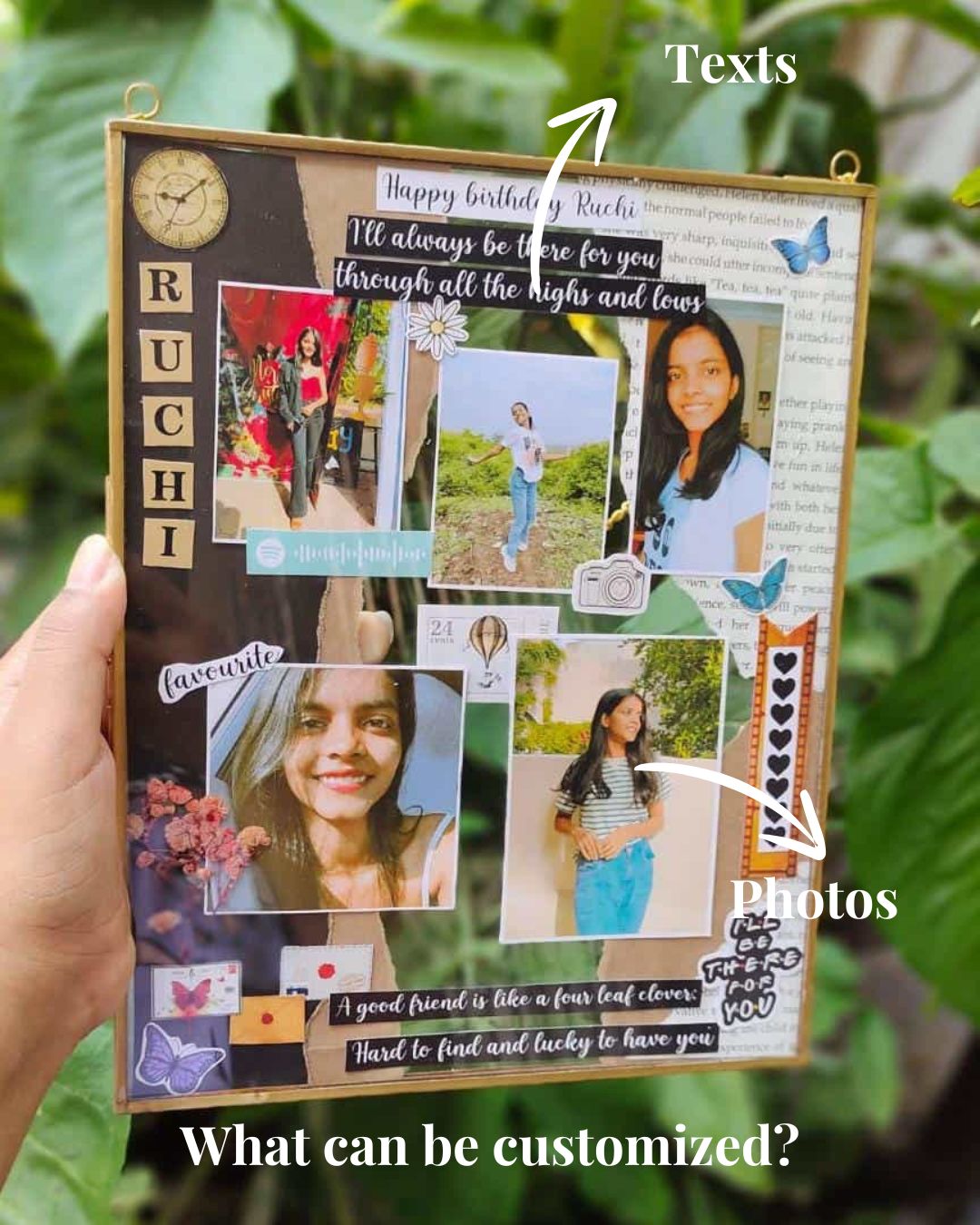 Hand holding vintage double glass photo frame with collage of happy girl's pictures on nature backdrop