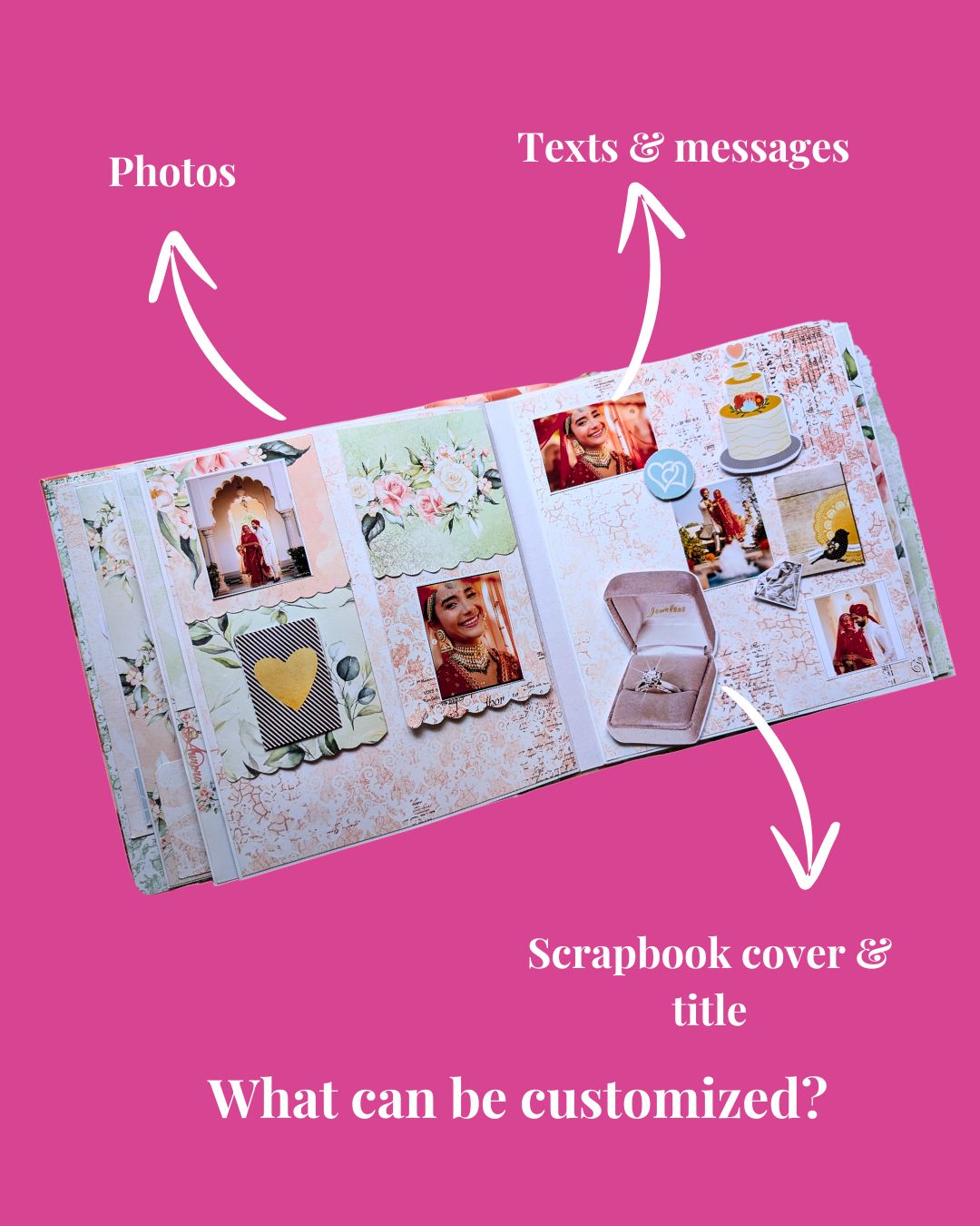 Scrapbook with customizable elements on a pink background