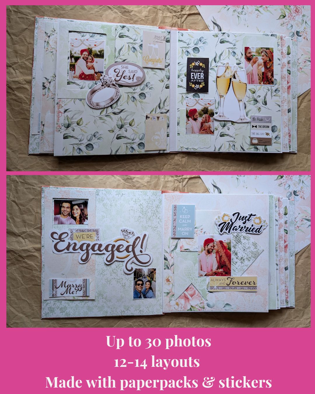 Open scrapbook with decorated pages and text, on a pink background.