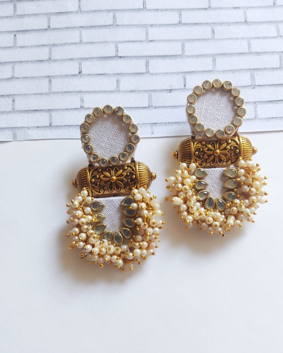 Kundan White Gold Jhumkas