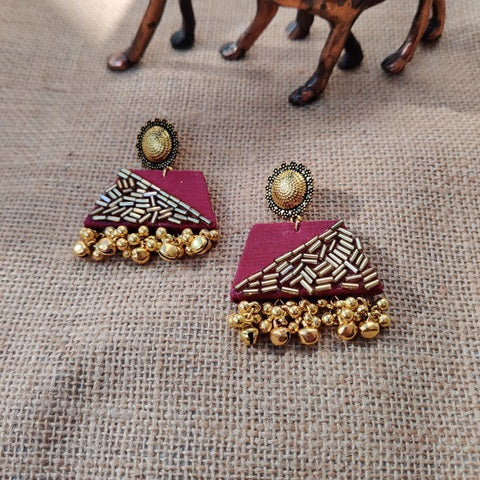 Maroon red earrings with golden ghungroos and beads 