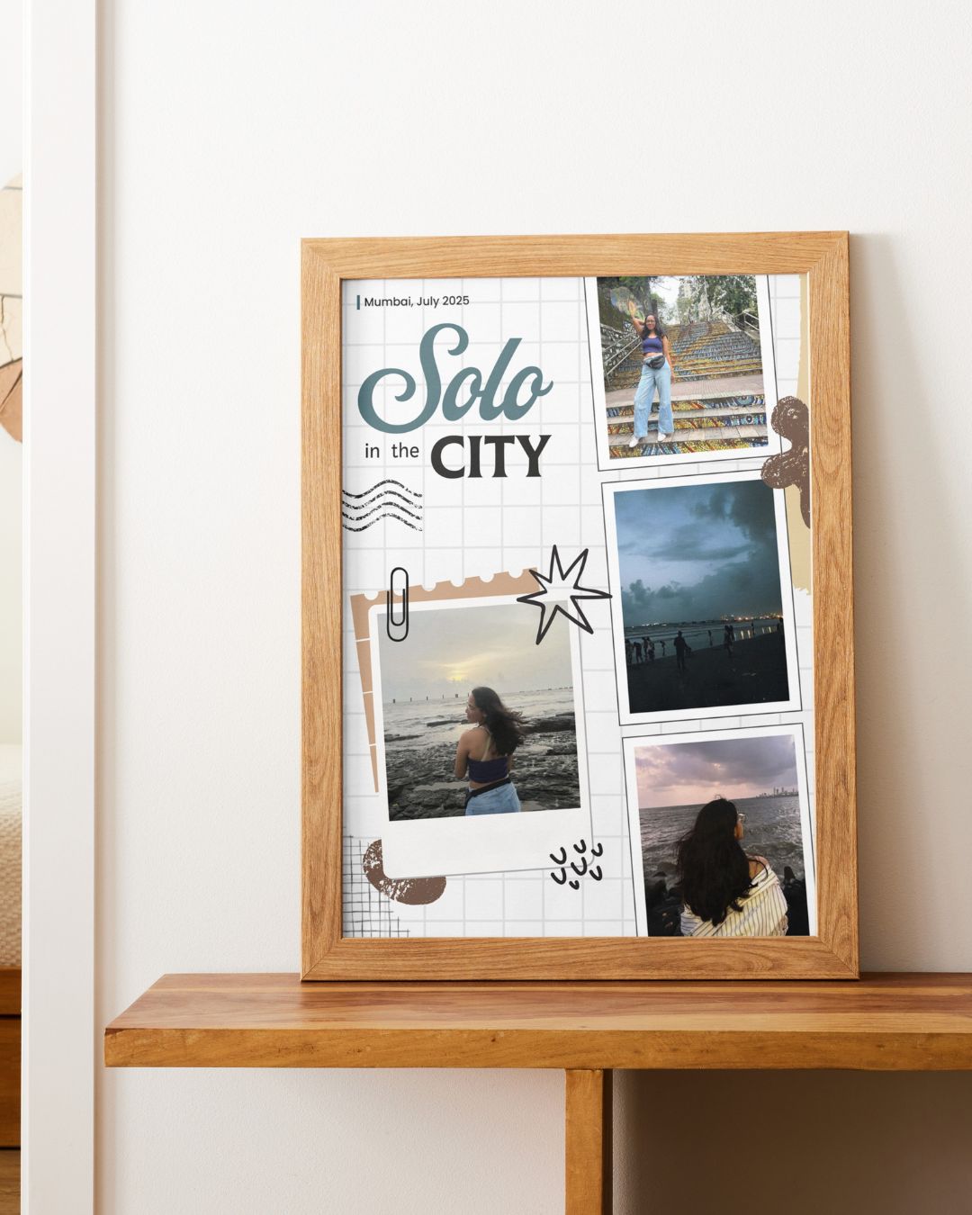Wooden photo frame with a collage of photos and 'Solo in the City' text on a white wall.