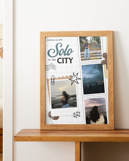 Wooden photo frame with a collage of photos and 'Solo in the City' text on a white wall.