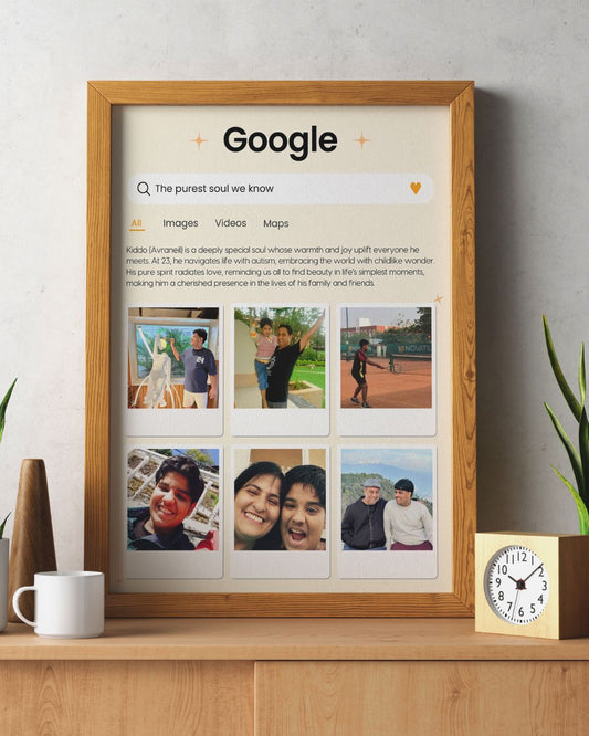 Wooden photo frame with Google search interface on a wall, displaying family photos.