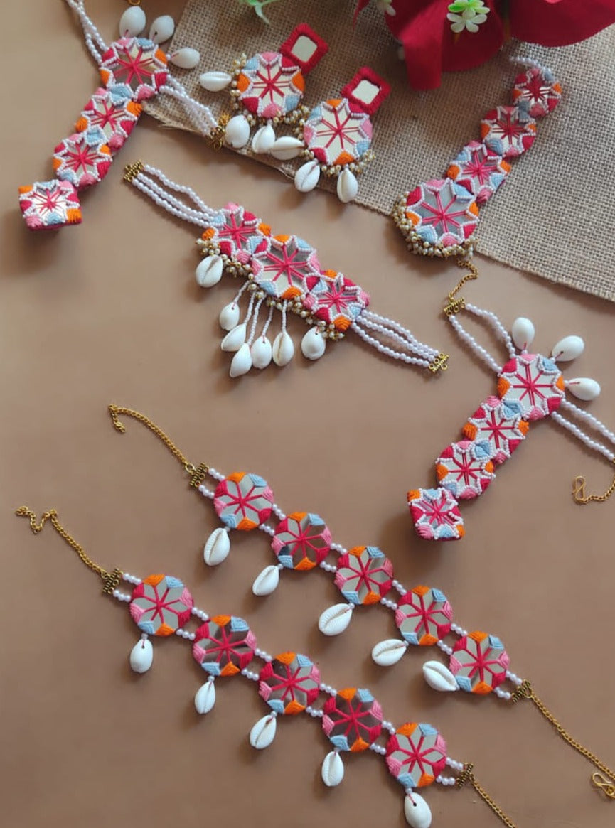 Pink and blue necklace, bracelet, earrings, tika set with white beads and sea shells