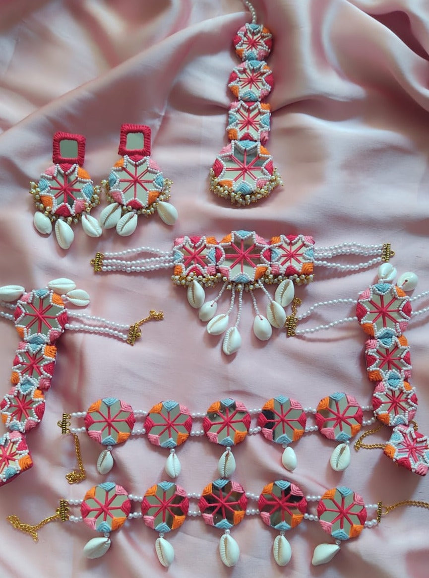 Pink and blue necklace, bracelet, earrings, tika set with white beads and sea shells
