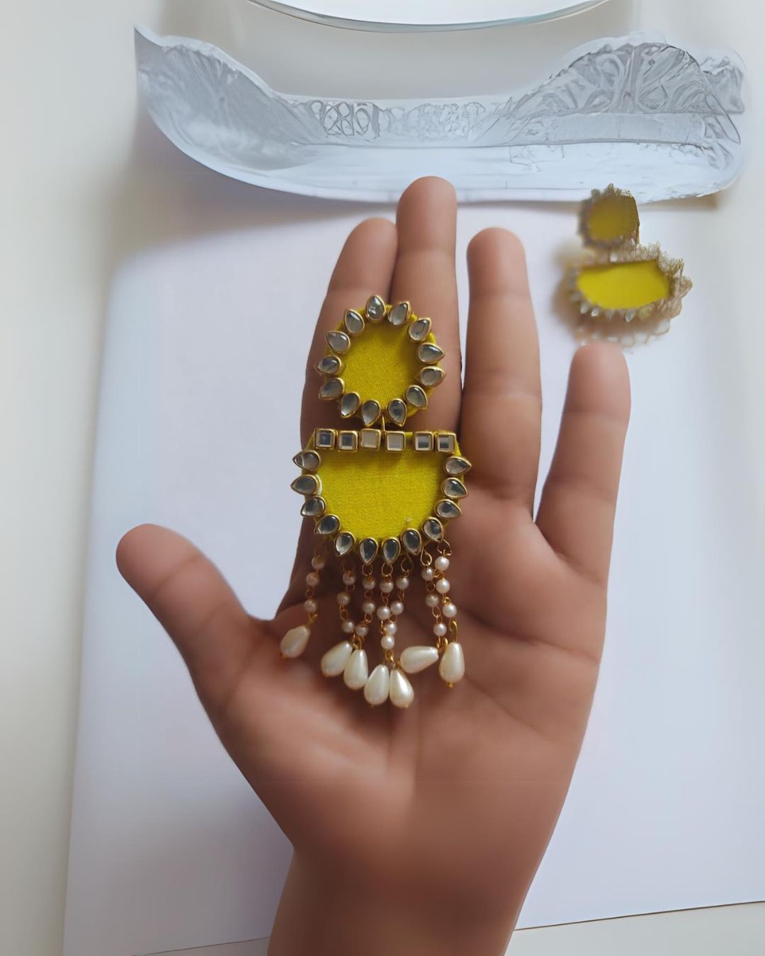 Yellow Pearl Kundan Drops