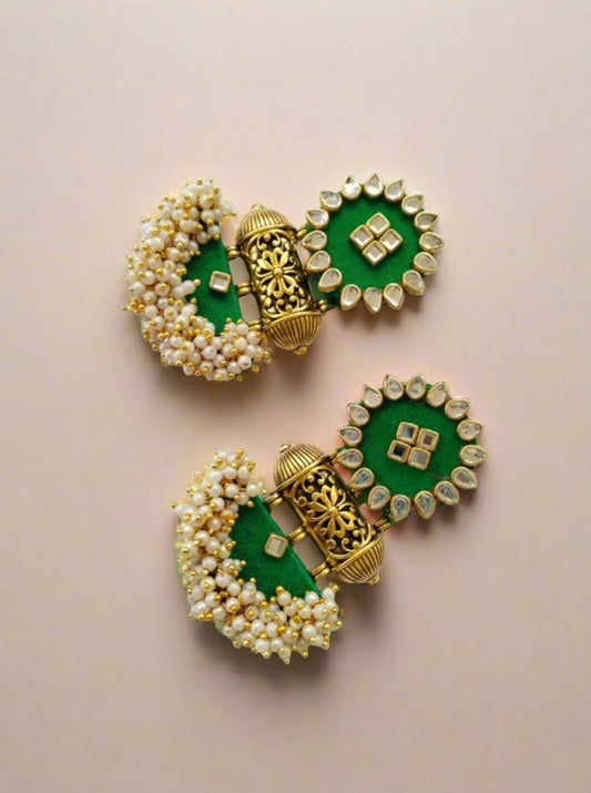 Rainvas Green with golden beads and pearls traditional earrings