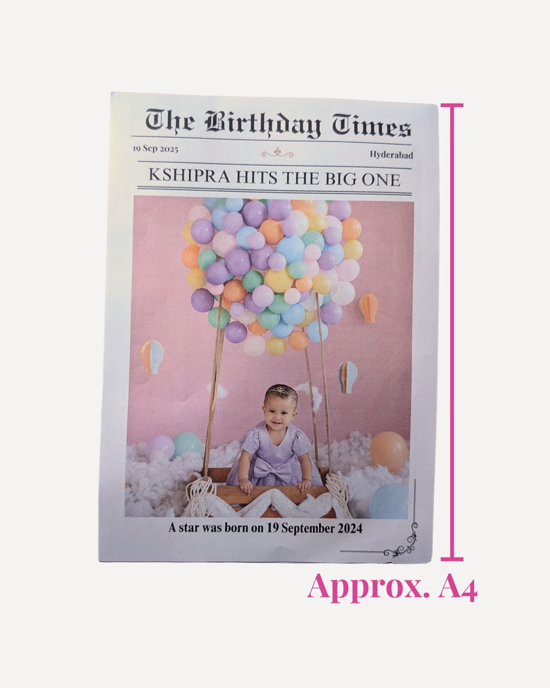 dimensions of the front page of a baby's birthday newspaper