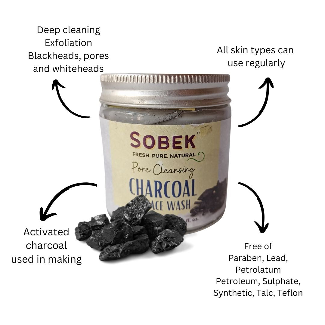 Sobek glass jar with charcoal face wash and charcoal pieces with its benefits mentioned 