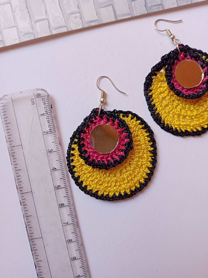 Rainvas Double layer crochet mirror earrings in yellow and black