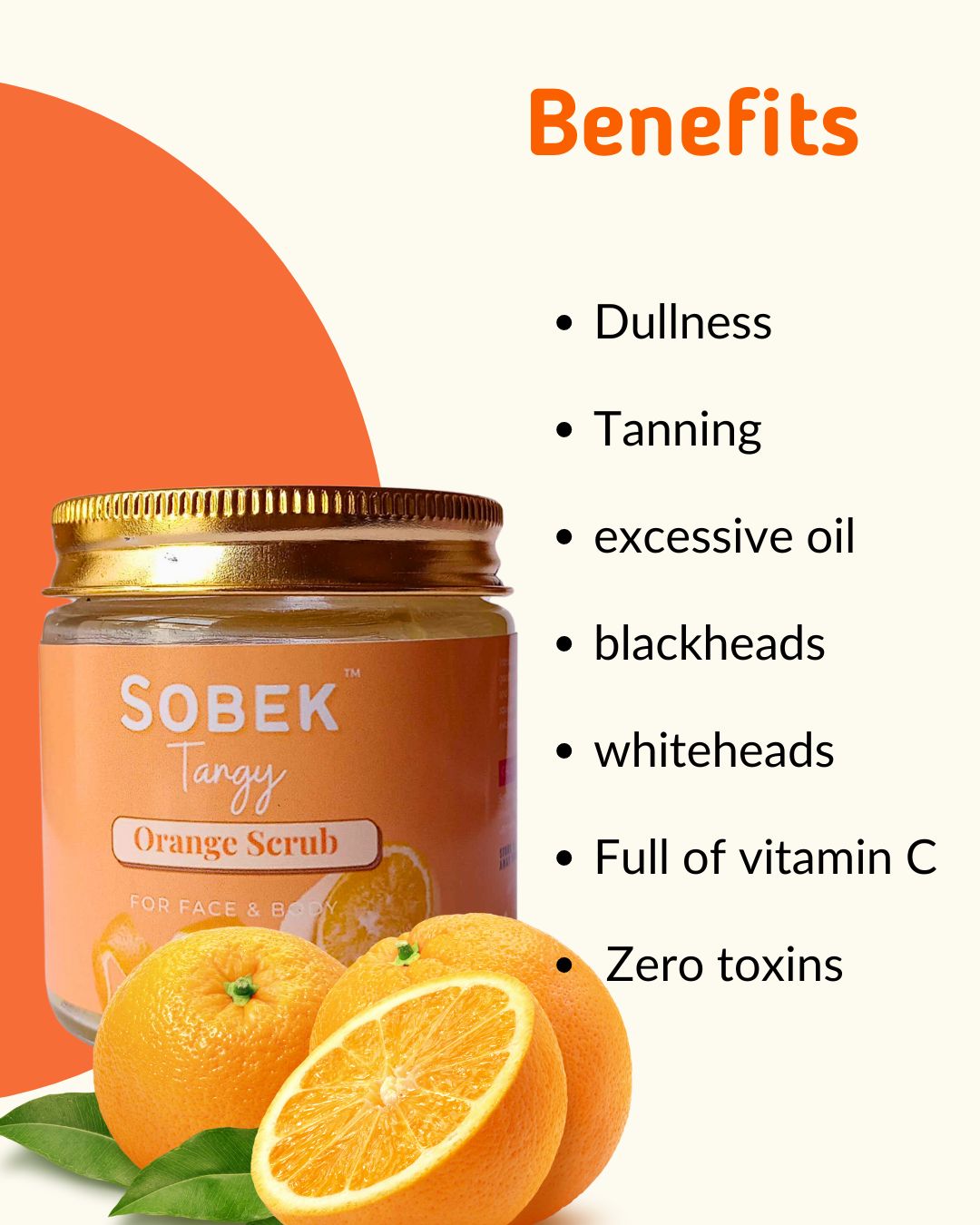 Infographics showing the benefits of orange face and body scrub