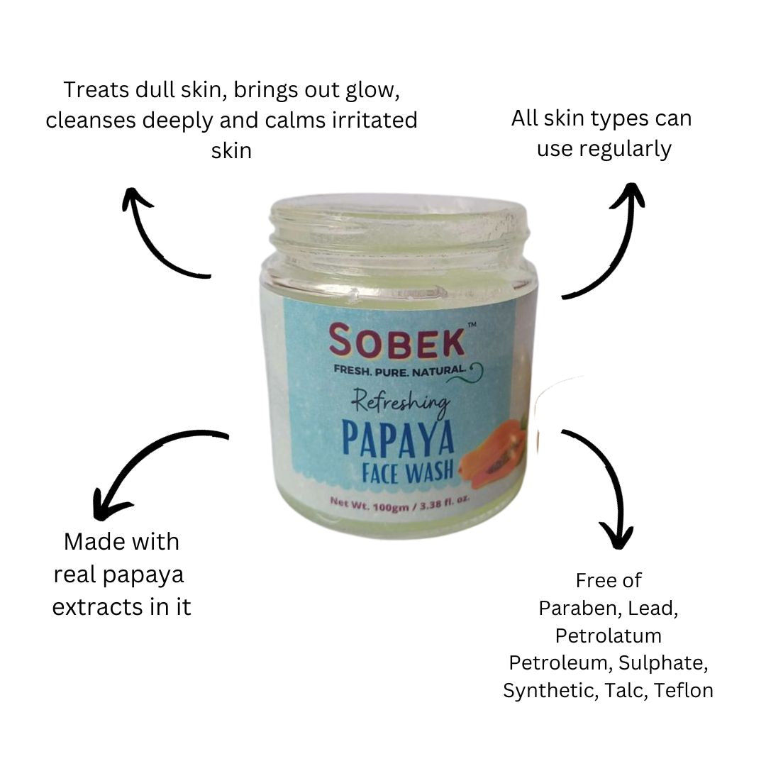 Sobek glass jar with papaya face wash and its benefits mentioned on it
