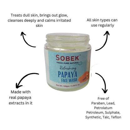 Sobek glass jar with papaya face wash and its benefits mentioned on it