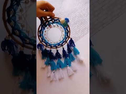 Dark and light Blue tassel dreamcatcher with flowers and pearls