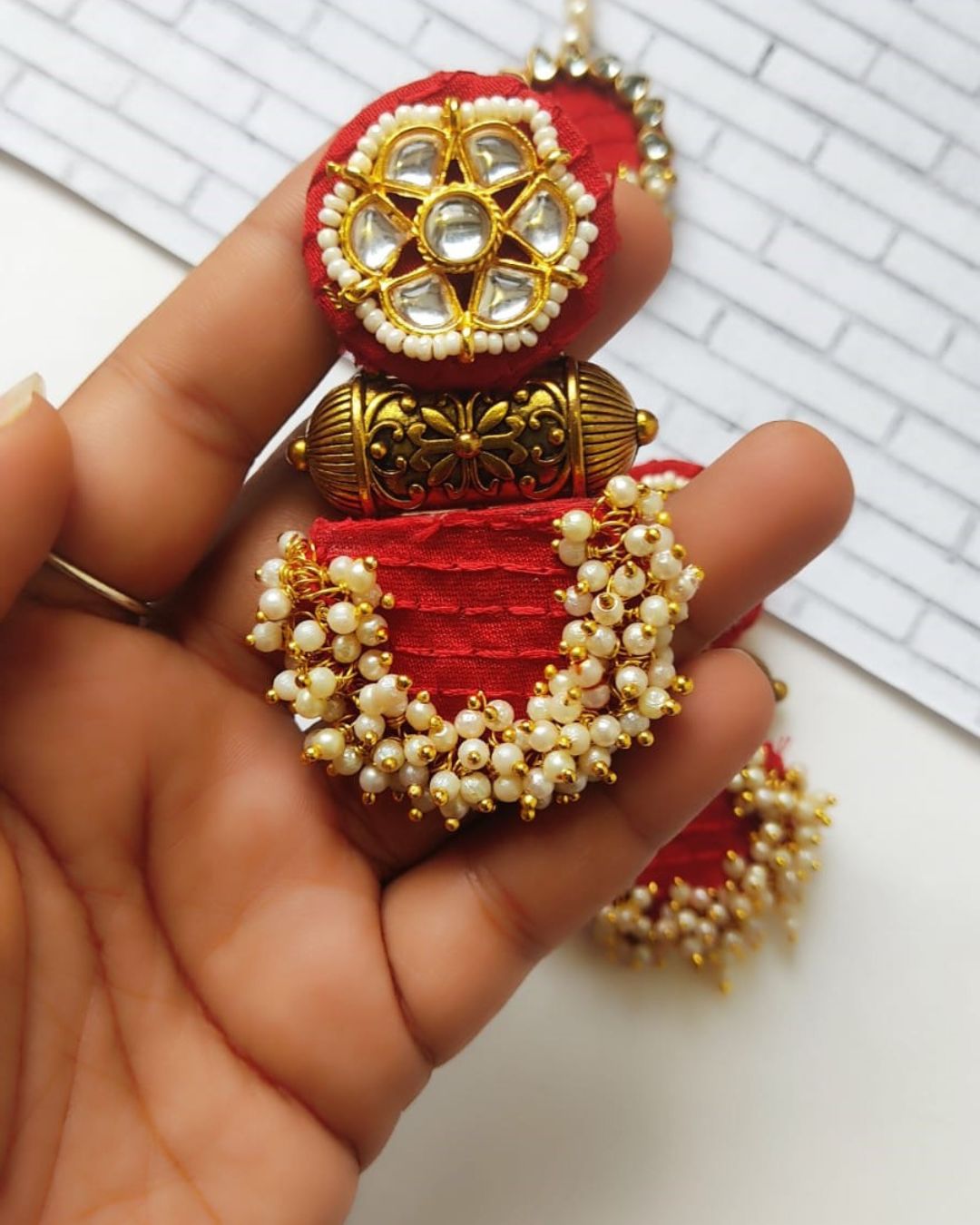 Red Regal Kundan Jhumka-Tika set