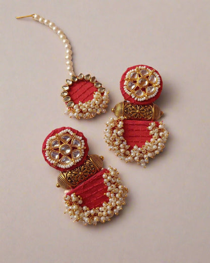 Red Regal Kundan Jhumka-Tika set