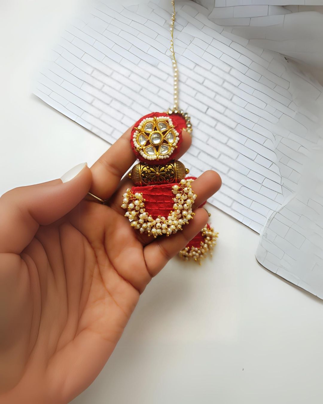 Red Regal Kundan Jhumka-Tika set