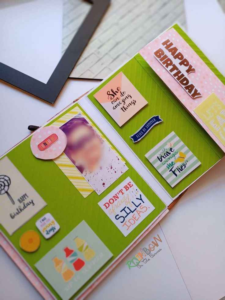 Colorful birthday scrapbook with photos on a white backdrop