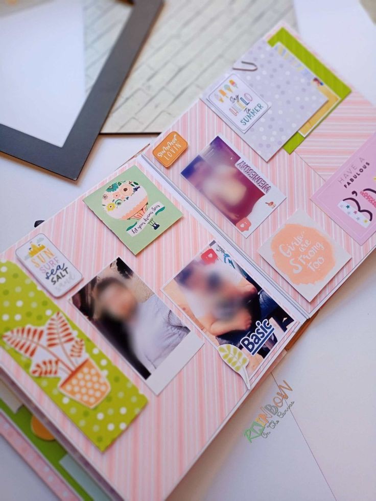 Colorful birthday scrapbook with photos on a white backdrop