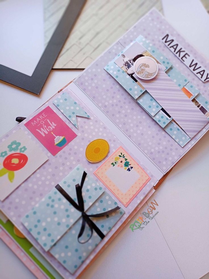 Colorful birthday scrapbook with photos on a white backdrop