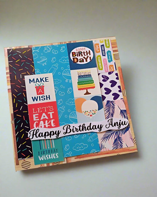 Floral Colorful birthday scrapbook with photos on white backdrop