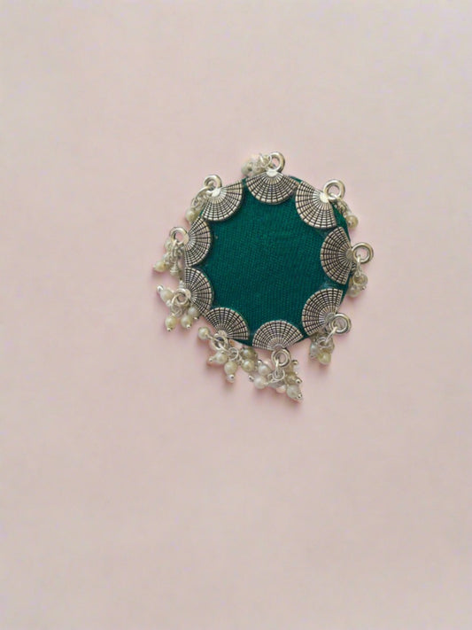  sea green round finger ring with silver border and ghungroo on white backdrop